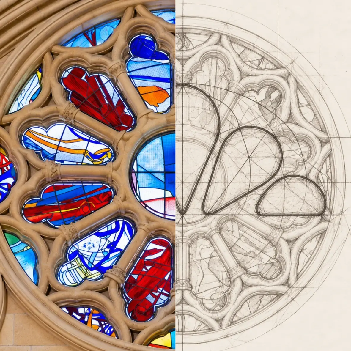Detalle de la Catedral de Cuenca junto al boceto del símbolo de Roulé